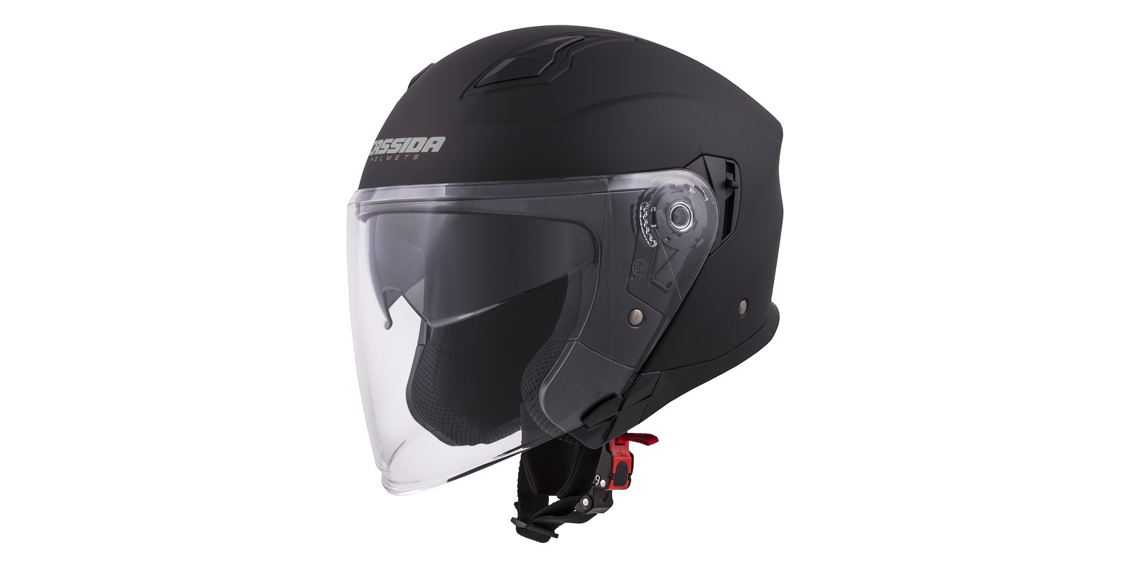CASSIDA Otevřená moto přilba Jet Tech černá matná šedá loga