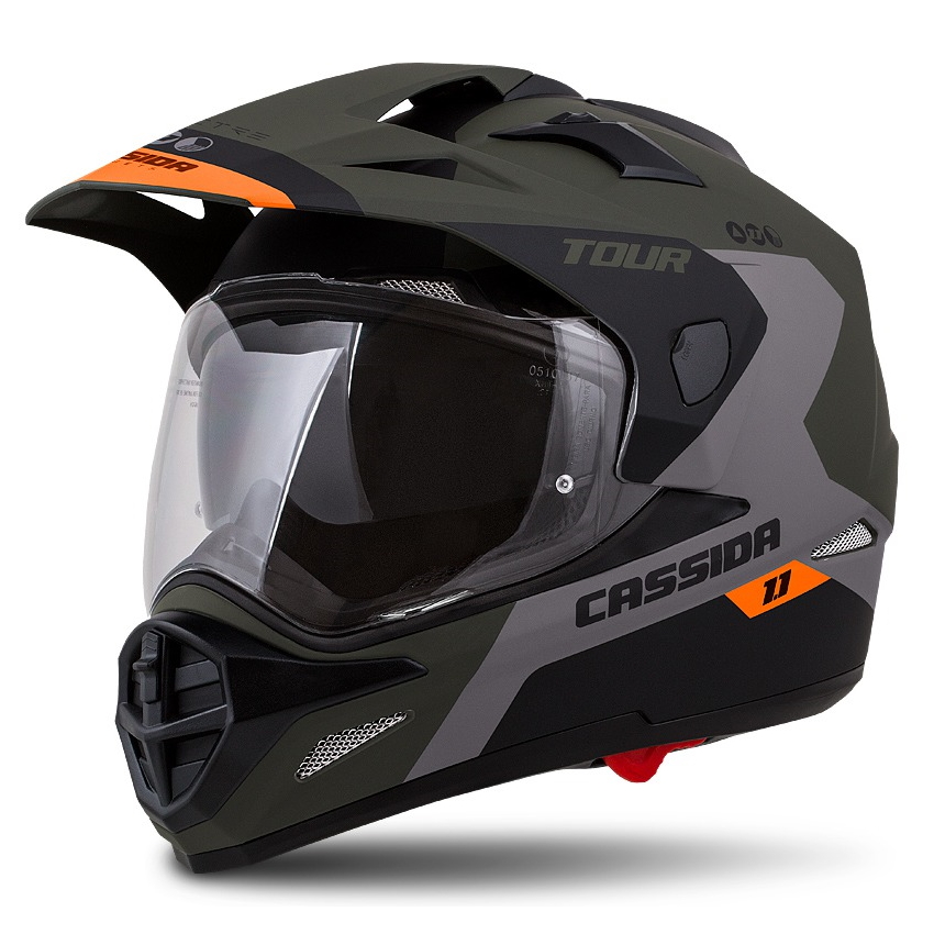 CASSIDA Enduro moto přilba Tour 1.1 Spectre zelená army matná šedá oranžová černá