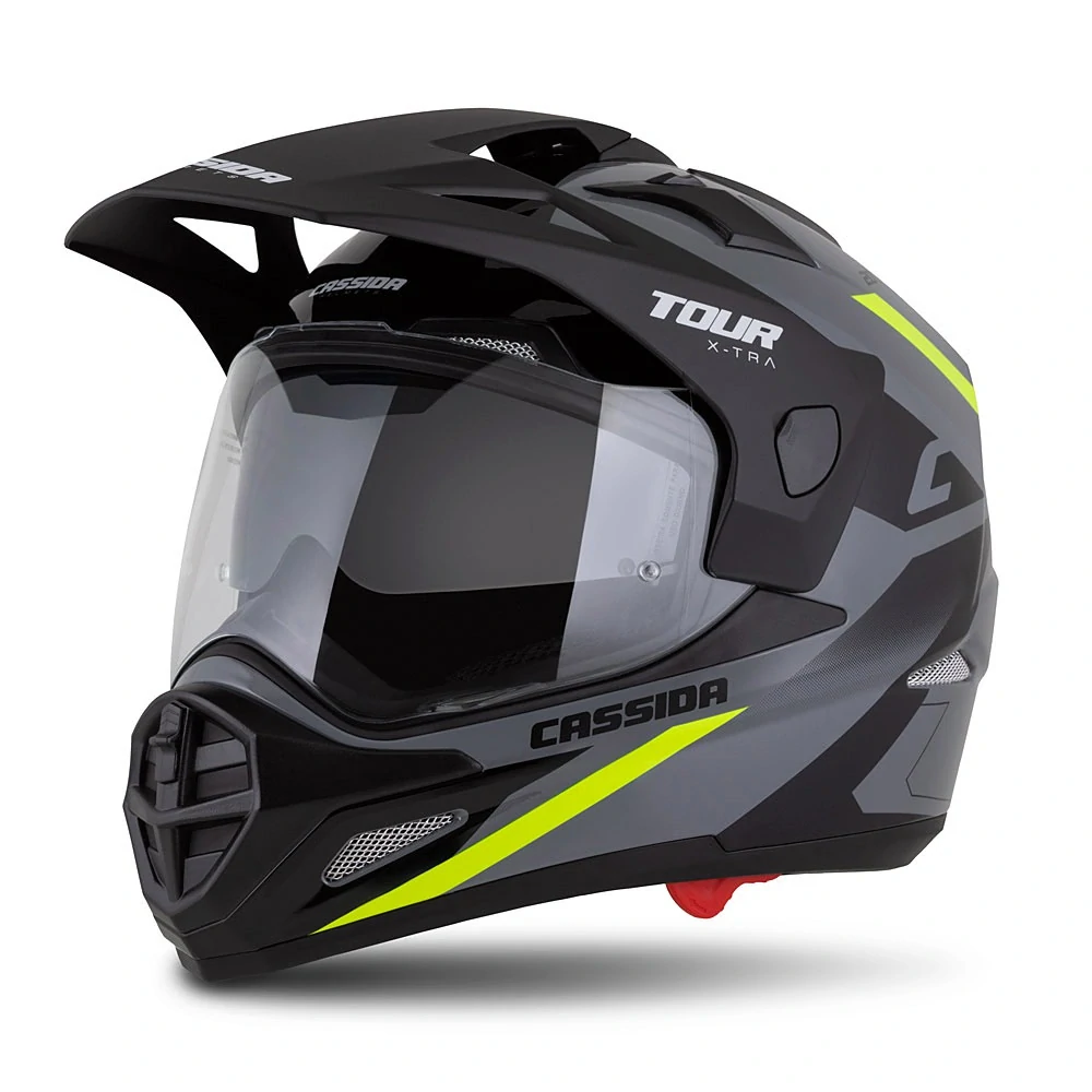 CASSIDA Enduro moto přilba Tour 2.0 X-tra šedá žlutá fluo černá černý matný kšilt, plexi s přípravou pro Pinlock