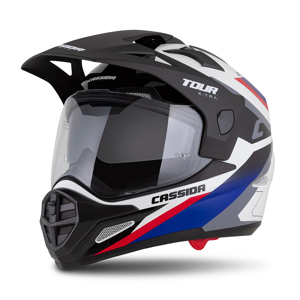 CASSIDA Enduro moto přilba Tour 2.0 X-tra bílá modrá červená černá černý matný kšilt