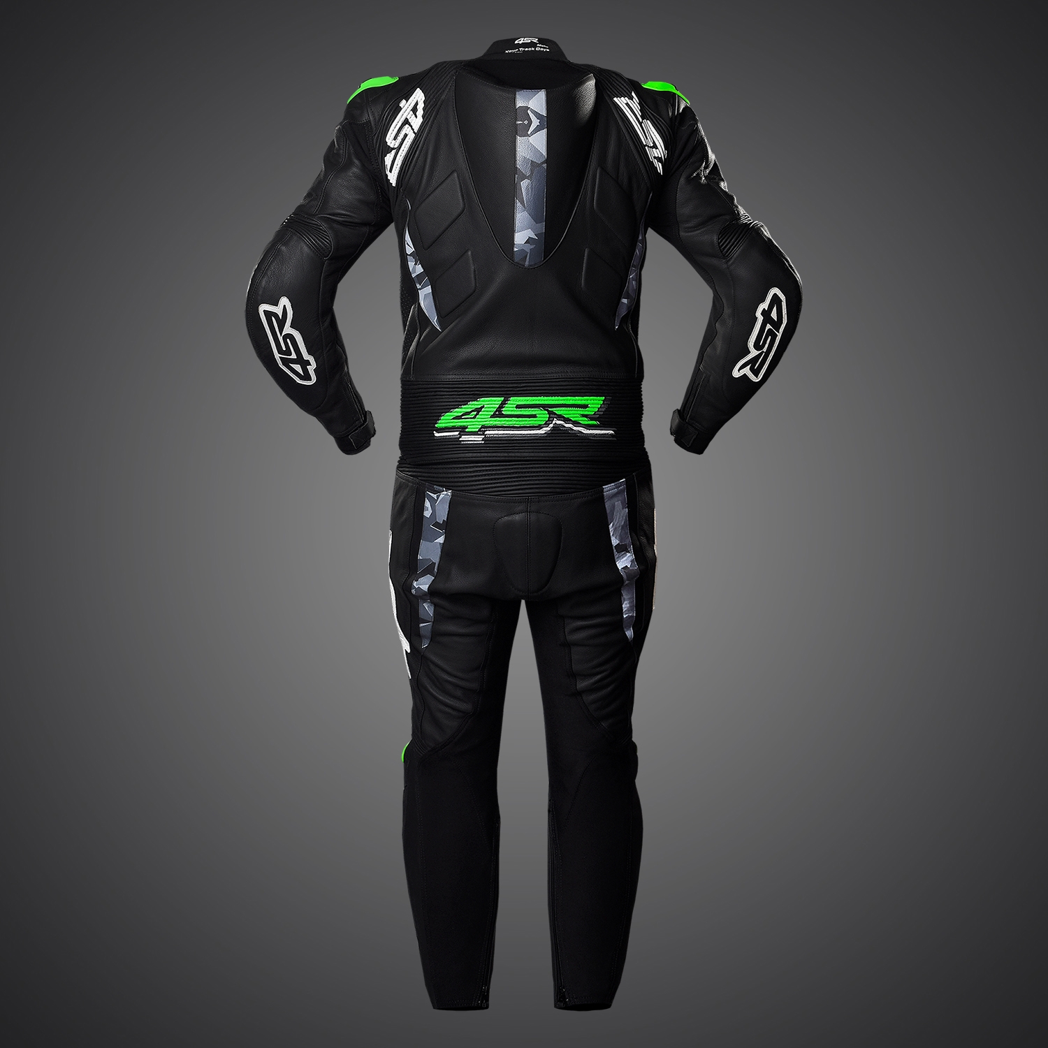4SR Dvoudílná kožená moto kombinéza RR Evo III Monster Green AR Airbag Ready černo zelená