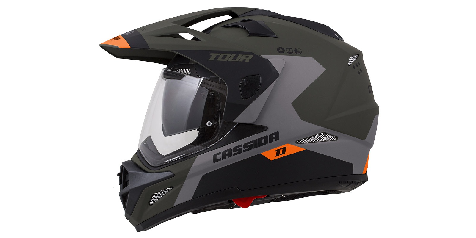 CASSIDA Enduro moto přilba Tour 1.1 Spectre zelená army matná šedá oranžová černá