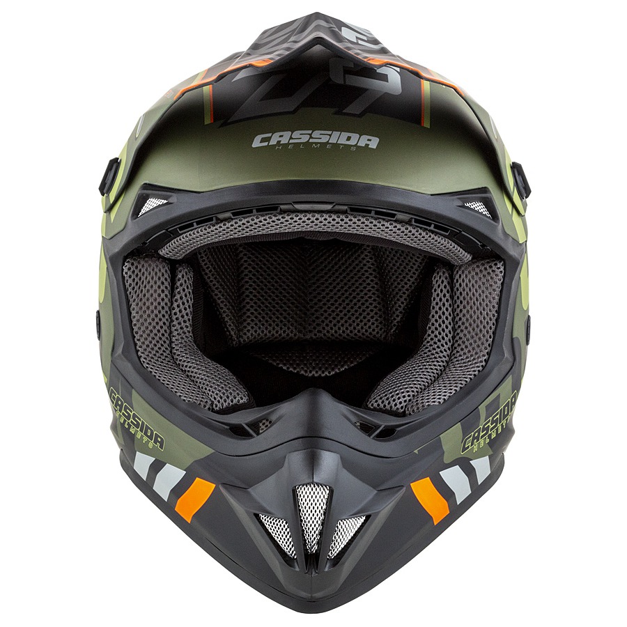 CASSIDA Crossová moto přilba Cross Cup Sonic zelená matná oranžová černá šedá