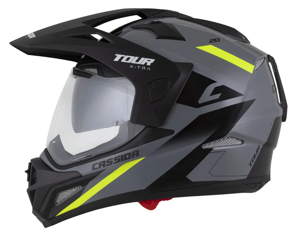 CASSIDA Enduro moto přilba Tour 2.0 X-tra šedá žlutá fluo černá černý matný kšilt, plexi s přípravou pro Pinlock