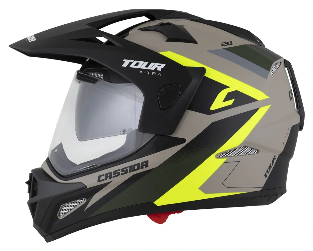 CASSIDA Enduro moto přilba Tour 2.0 X-tra  písková matná žlutá fluo zelená černá, plexi s přípravou pro Pinlock
