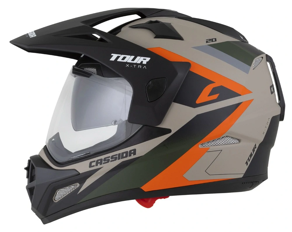 CASSIDA Enduro moto přilba Tour 2.0 X-tra písková matná oranžová zelená černá plexi s přípravou pro Pinlock