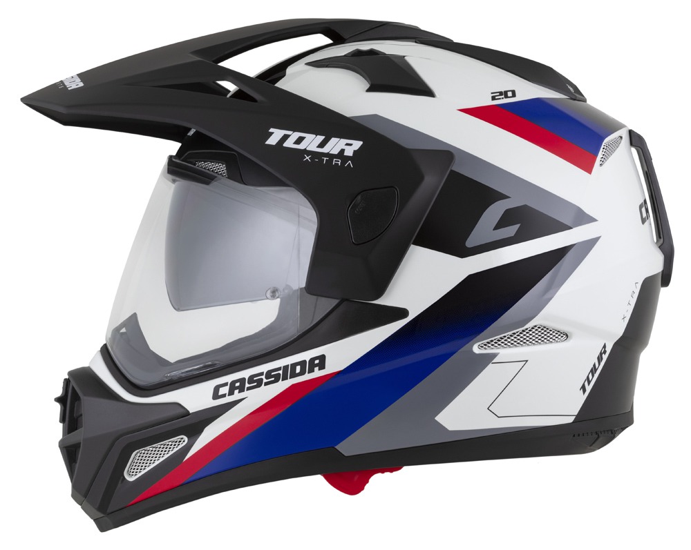 CASSIDA Enduro moto přilba Tour 2.0 X-tra bílá modrá červená černá černý matný kšilt