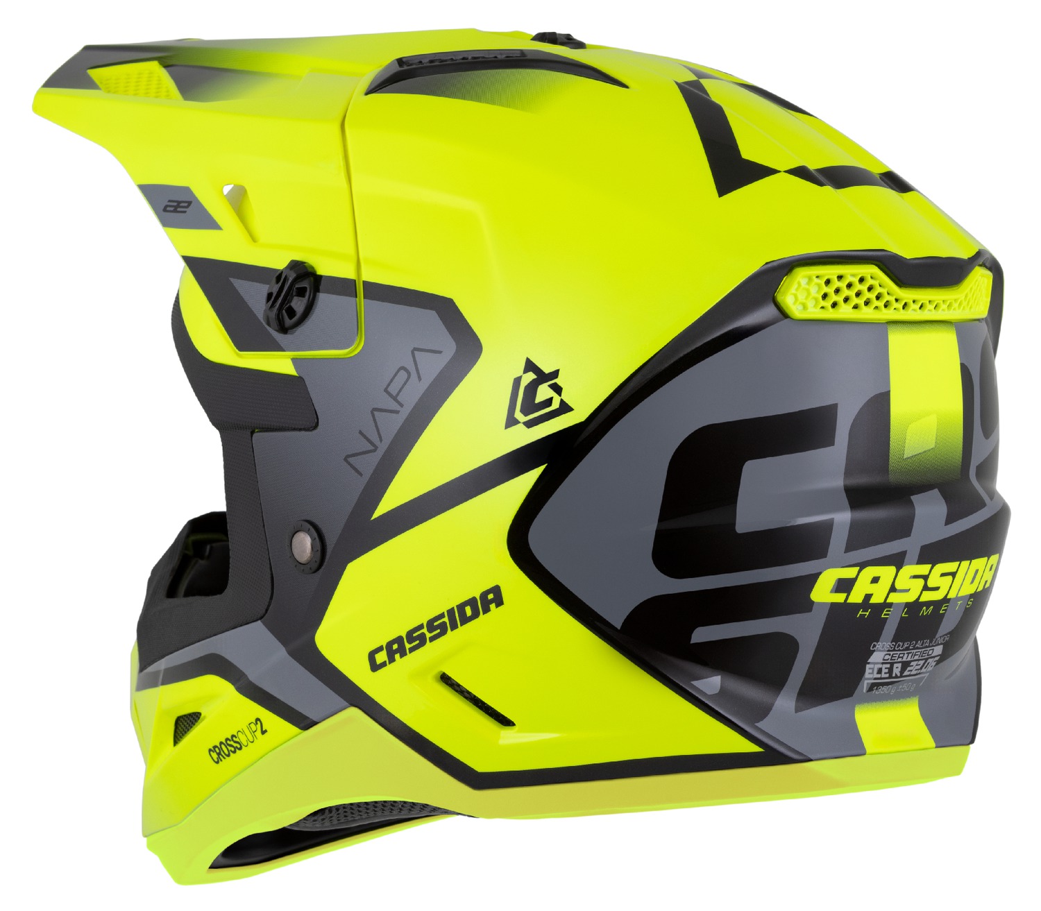 CASSIDA Dětská motokrosová přilba Cross Cup 2 Napa Junior žlutá fluo černá šedá perleť