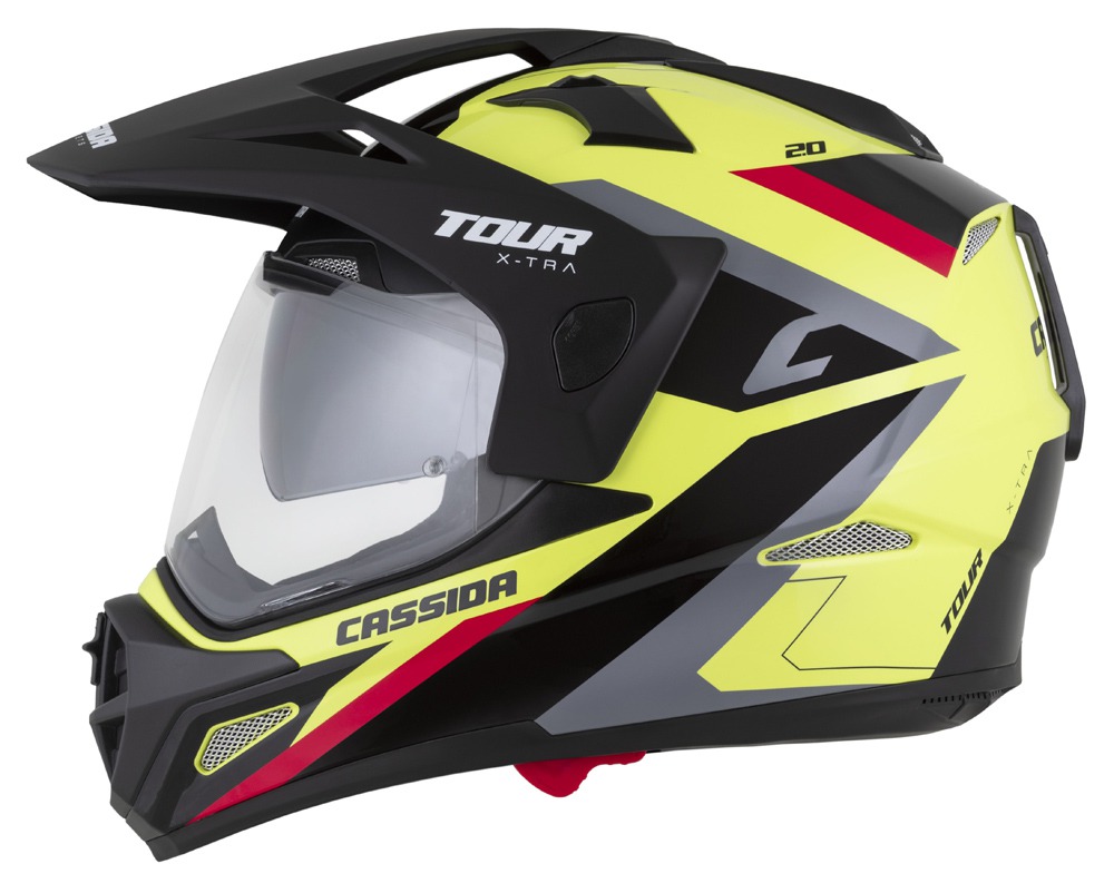 CASSIDA Moto přilba Tour 2.0 X-tra, žlutá fluo černá červená šedá černý matný kšilt, plexi s přípravou pro Pinlock