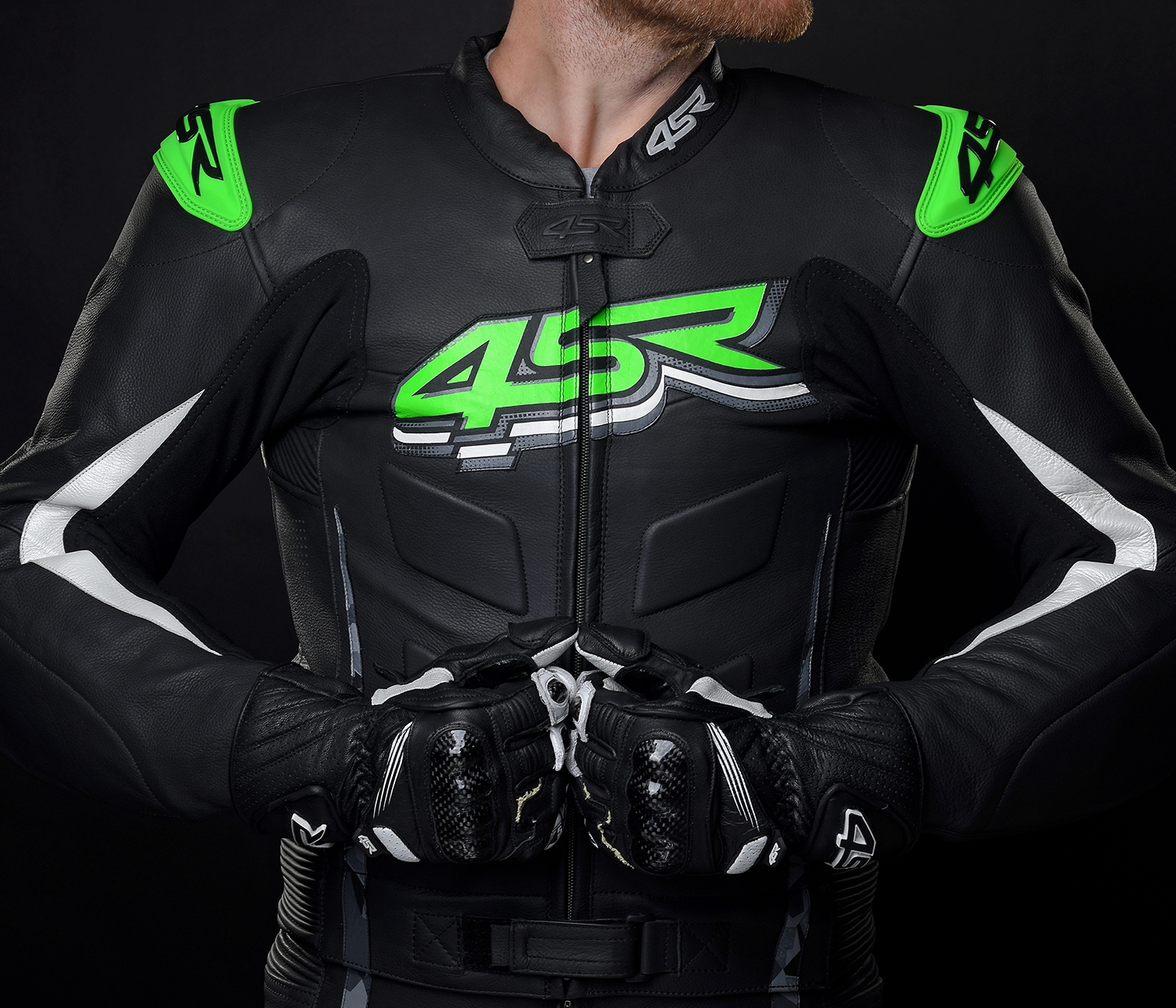4SR Dvoudílná kožená moto kombinéza RR Evo III Monster Green AR Airbag Ready černo zelená