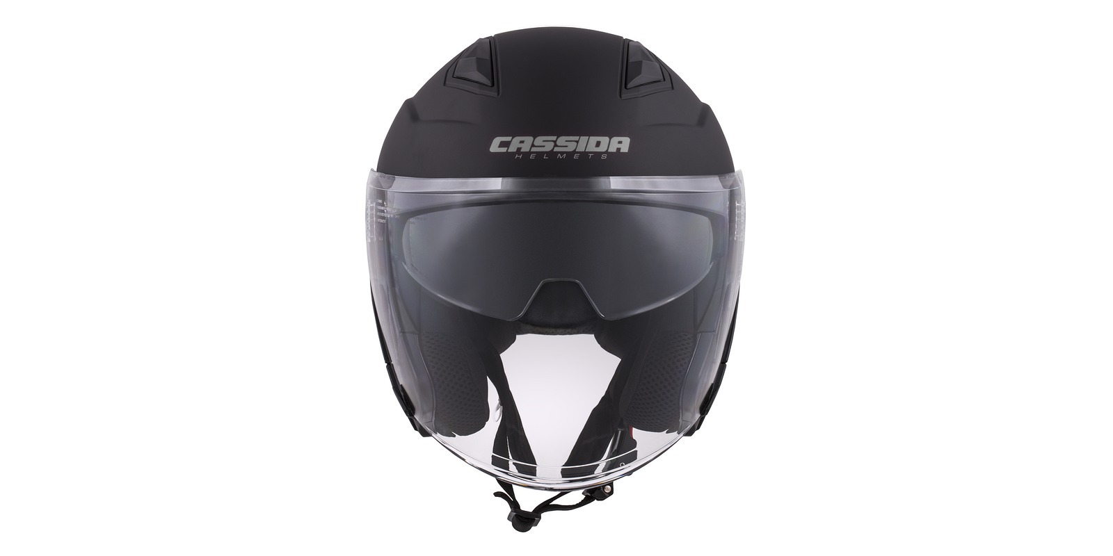 CASSIDA Otevřená moto přilba Jet Tech černá matná šedá loga