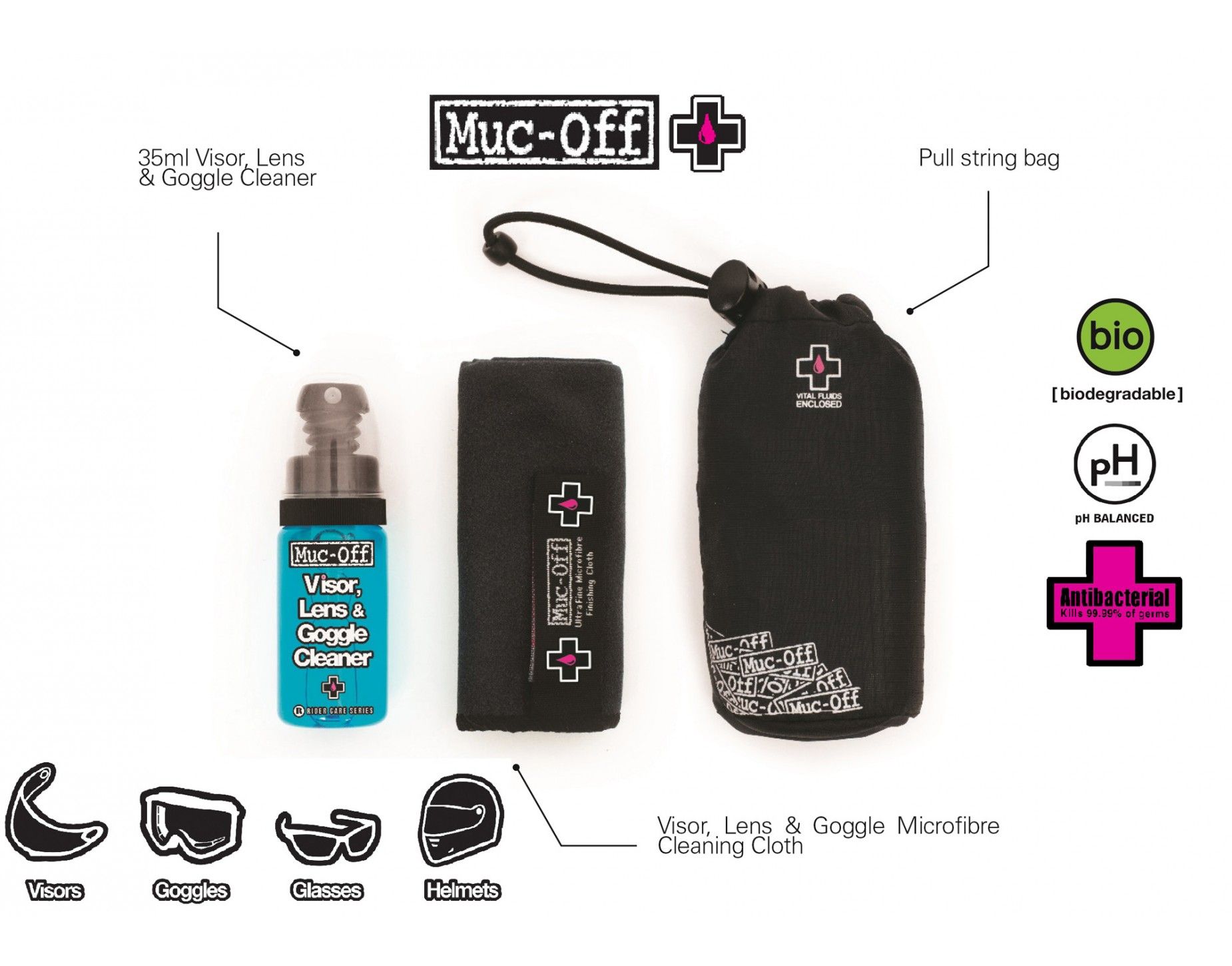 Čistící sada na helmy MUC-OFF Visor, Lens&Google Cleaning Kit