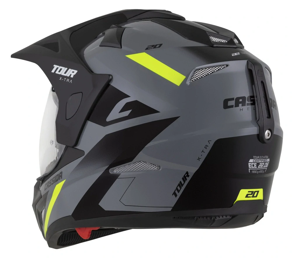 CASSIDA Enduro moto přilba Tour 2.0 X-tra šedá žlutá fluo černá černý matný kšilt, plexi s přípravou pro Pinlock