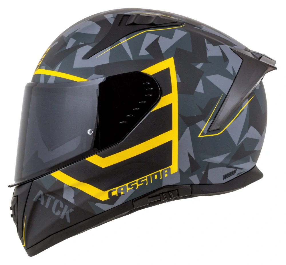 CASSIDA Integrální moto přilba Aero ATCK šedá camo černá žlutá fluo
