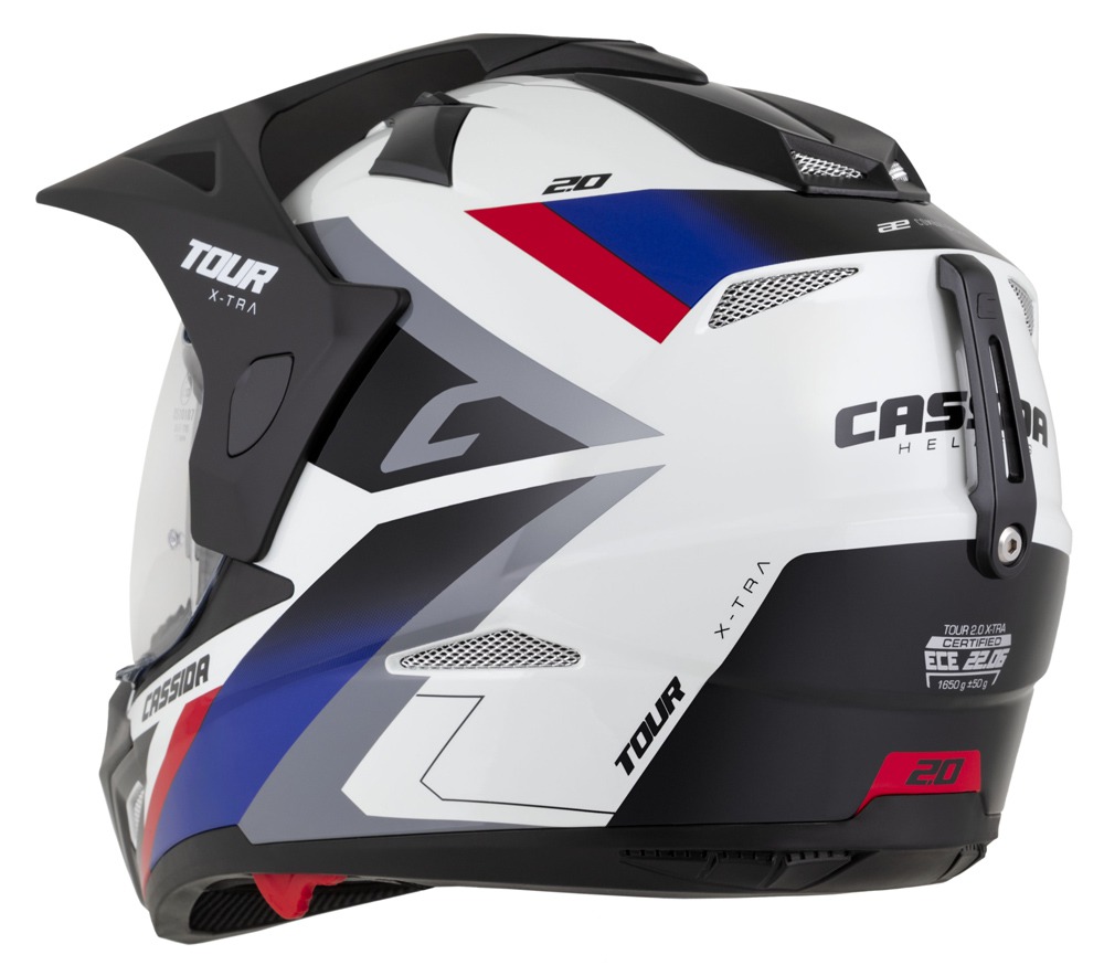 CASSIDA Enduro moto přilba Tour 2.0 X-tra bílá modrá červená černá černý matný kšilt