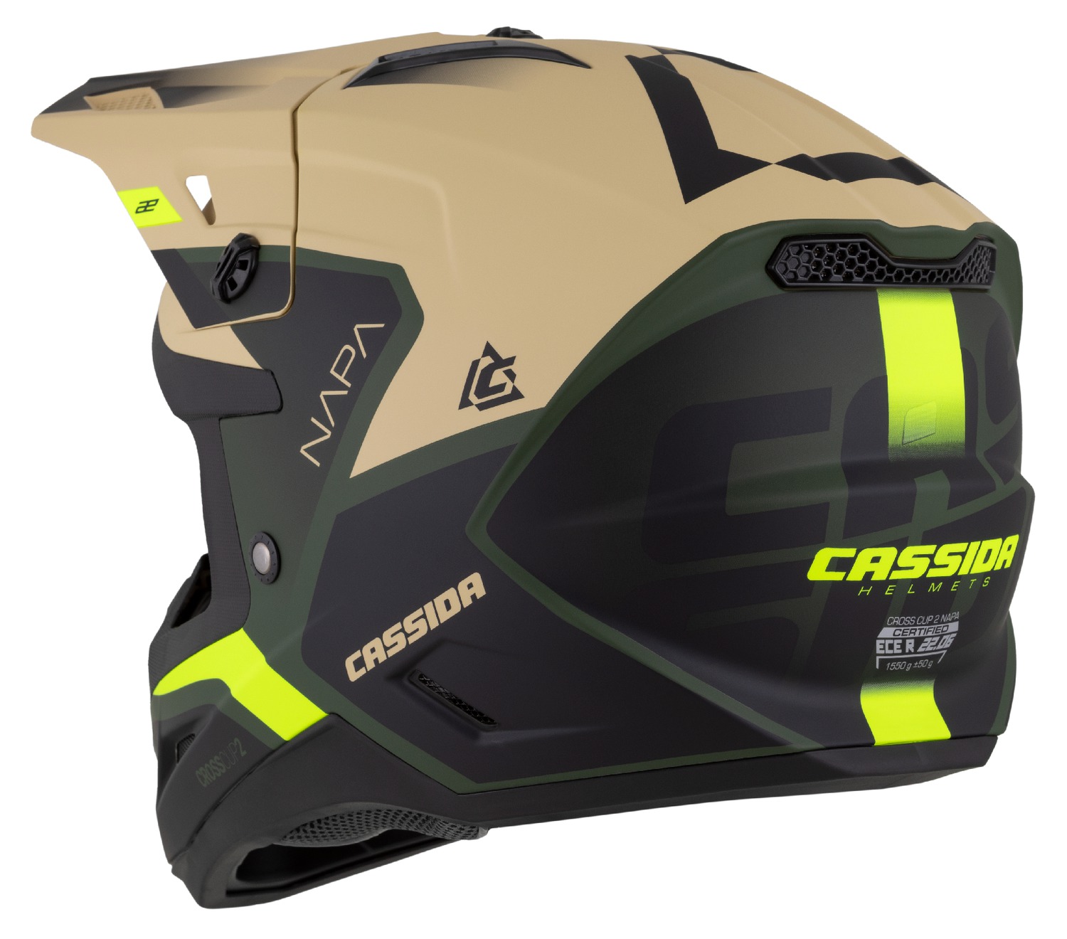 CASSIDA Motokrosová přilba Cross Cup 2 Alta písková zelená žlutá fluo černá matná