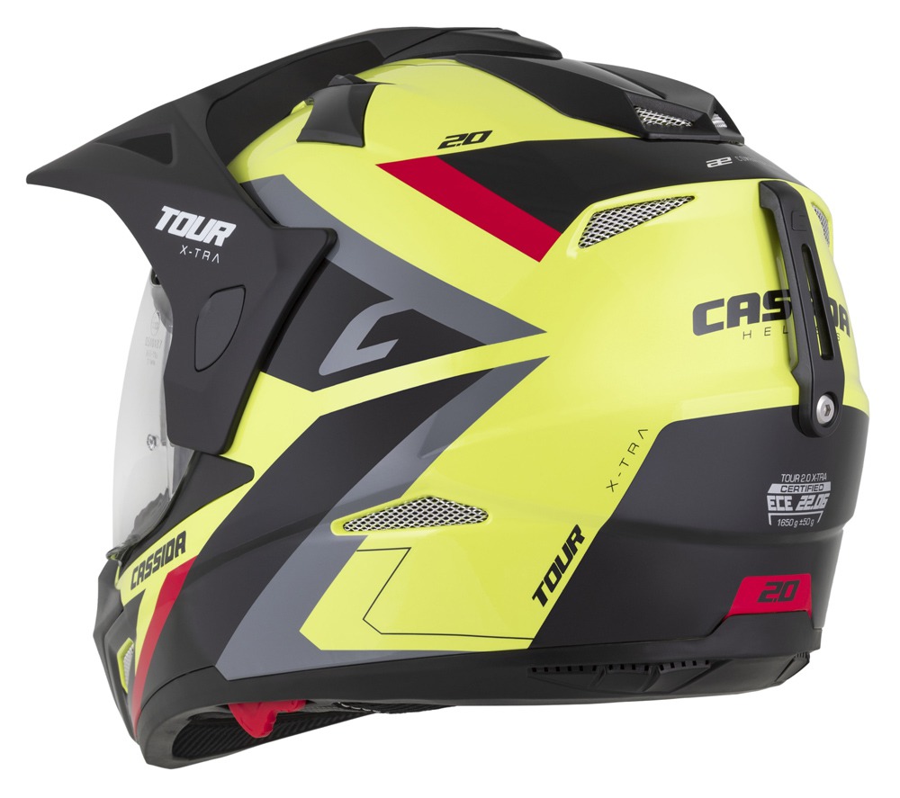 CASSIDA Moto přilba Tour 2.0 X-tra, žlutá fluo černá červená šedá černý matný kšilt, plexi s přípravou pro Pinlock