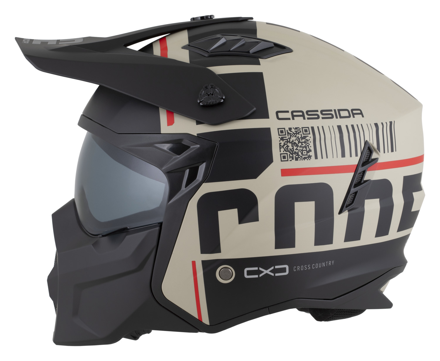 CASSIDA Moto helma CROSS COUNTRY CODE písková matná/černá/červená s odnímatelnou čelistí