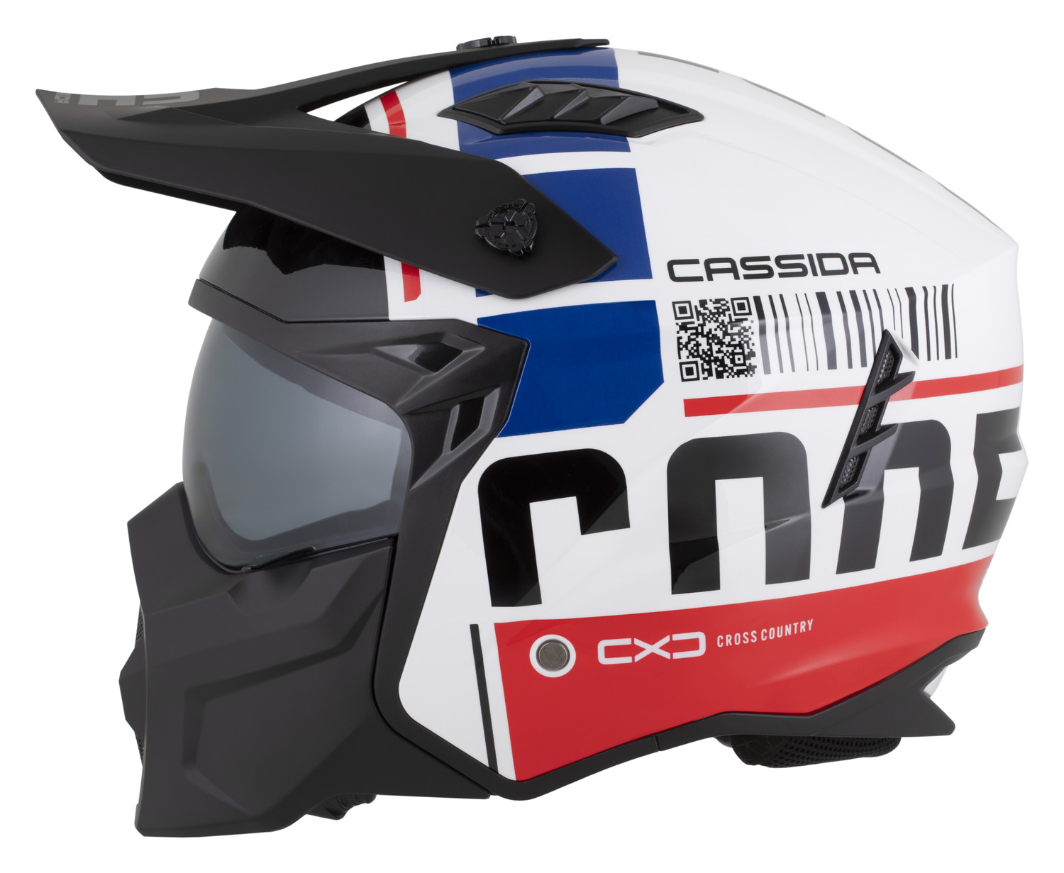 CASSIDA helma Cross Country Code bílá/červená/modrá/černá s odnímatelnou čelistí