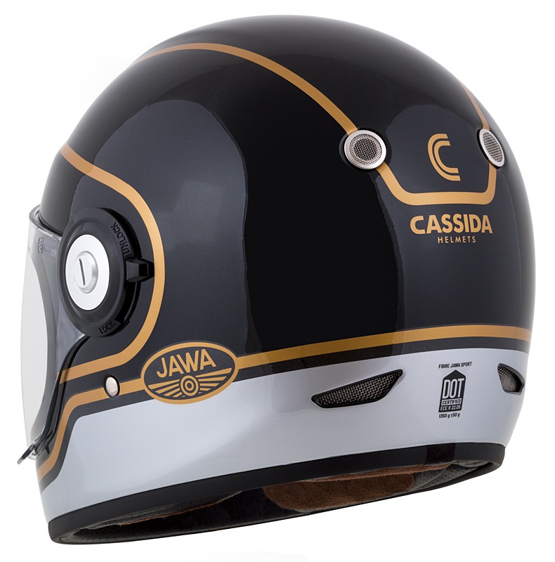 CASSIDA Integrální moto přilba FIBRE JAWA SPORT černá stříbrná zlatá