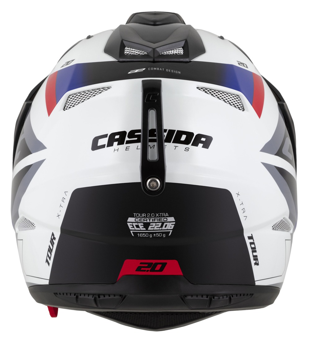 CASSIDA Enduro moto přilba Tour 2.0 X-tra bílá modrá červená černá černý matný kšilt