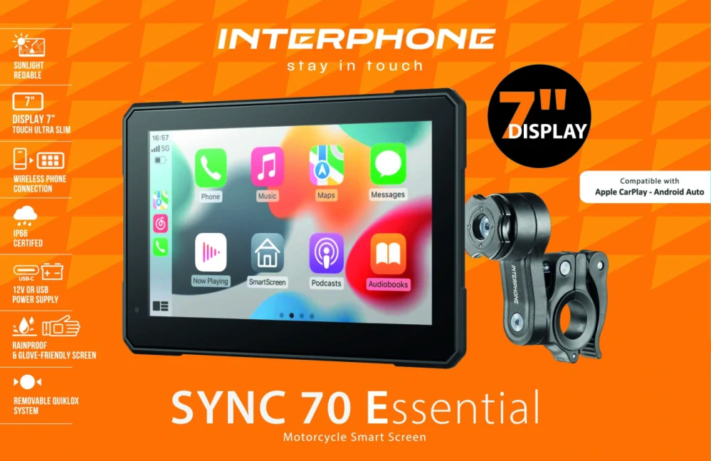 Interphone displej RIDESYNC 70 Essential - Apple CarPlay a Android Auto pro motocykly + stínítko zdarma