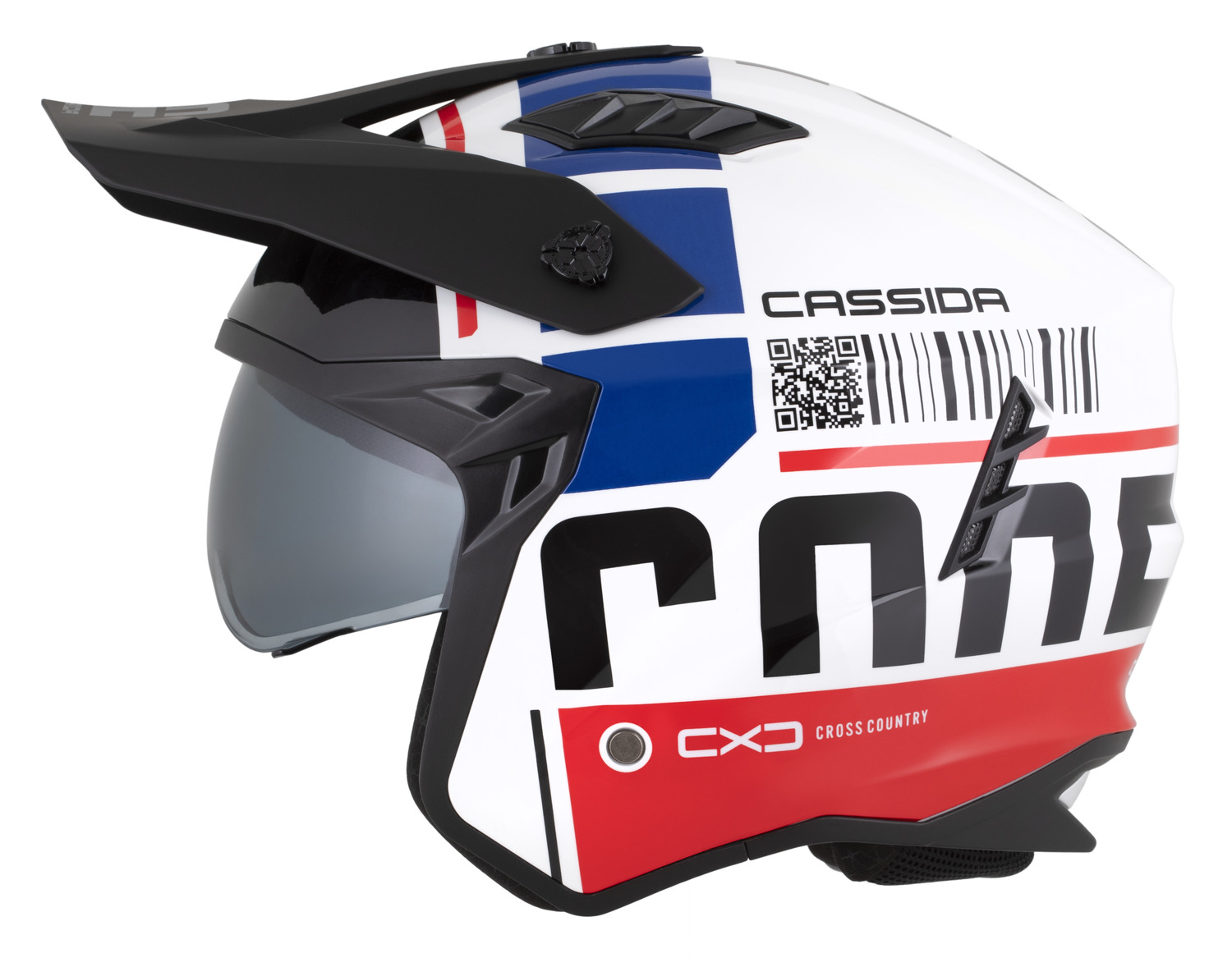 CASSIDA helma Cross Country Code bílá/červená/modrá/černá s odnímatelnou čelistí