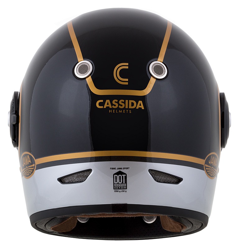 CASSIDA Integrální moto přilba FIBRE JAWA SPORT černá stříbrná zlatá