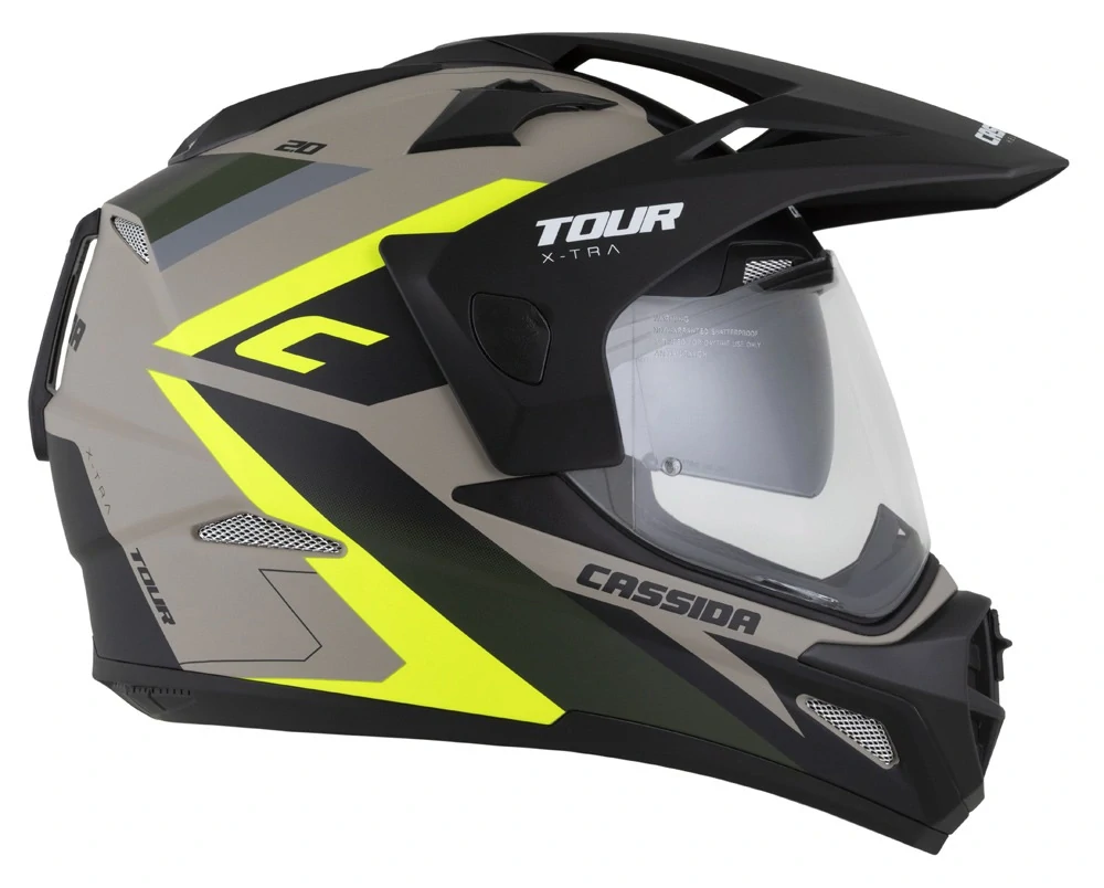CASSIDA Enduro moto přilba Tour 2.0 X-tra  písková matná žlutá fluo zelená černá, plexi s přípravou pro Pinlock