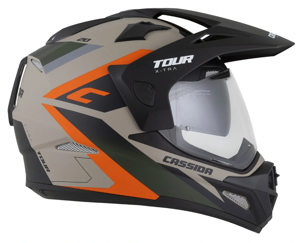 CASSIDA Enduro moto přilba Tour 2.0 X-tra písková matná oranžová zelená černá plexi s přípravou pro Pinlock