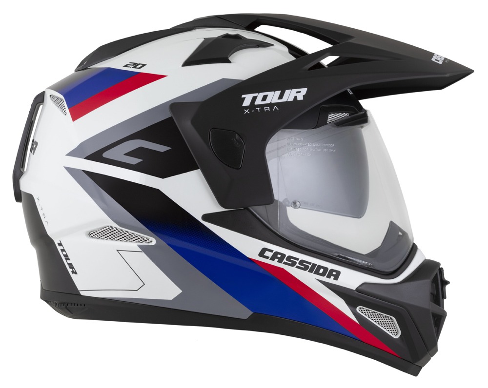 CASSIDA Enduro moto přilba Tour 2.0 X-tra bílá modrá červená černá černý matný kšilt