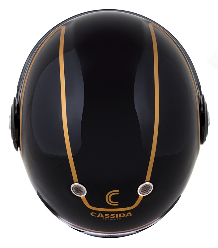 CASSIDA Integrální moto přilba FIBRE JAWA SPORT černá stříbrná zlatá