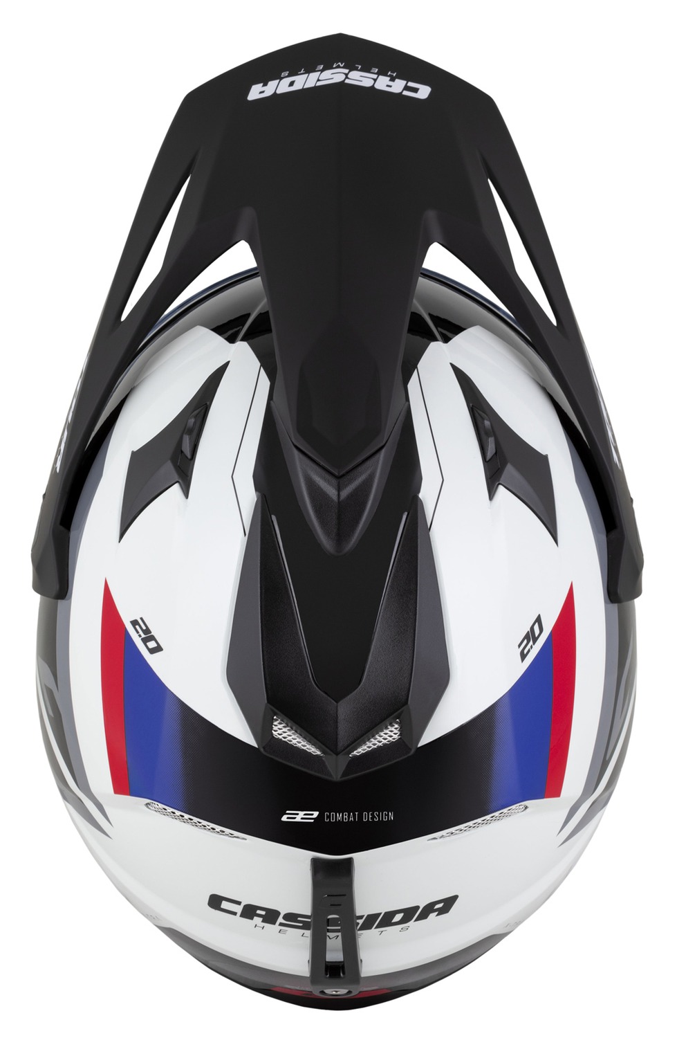 CASSIDA Enduro moto přilba Tour 2.0 X-tra bílá modrá červená černá černý matný kšilt