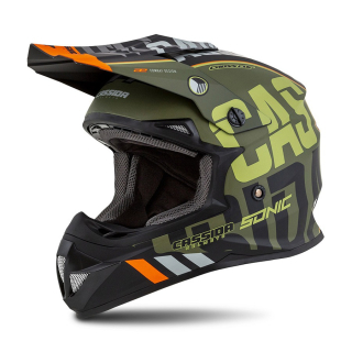 CASSIDA Crossová moto přilba Cross Cup Sonic zelená matná oranžová černá šedá