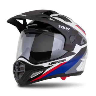CASSIDA Enduro moto přilba Tour 2.0 X-tra bílá modrá červená černá černý matný kšilt
